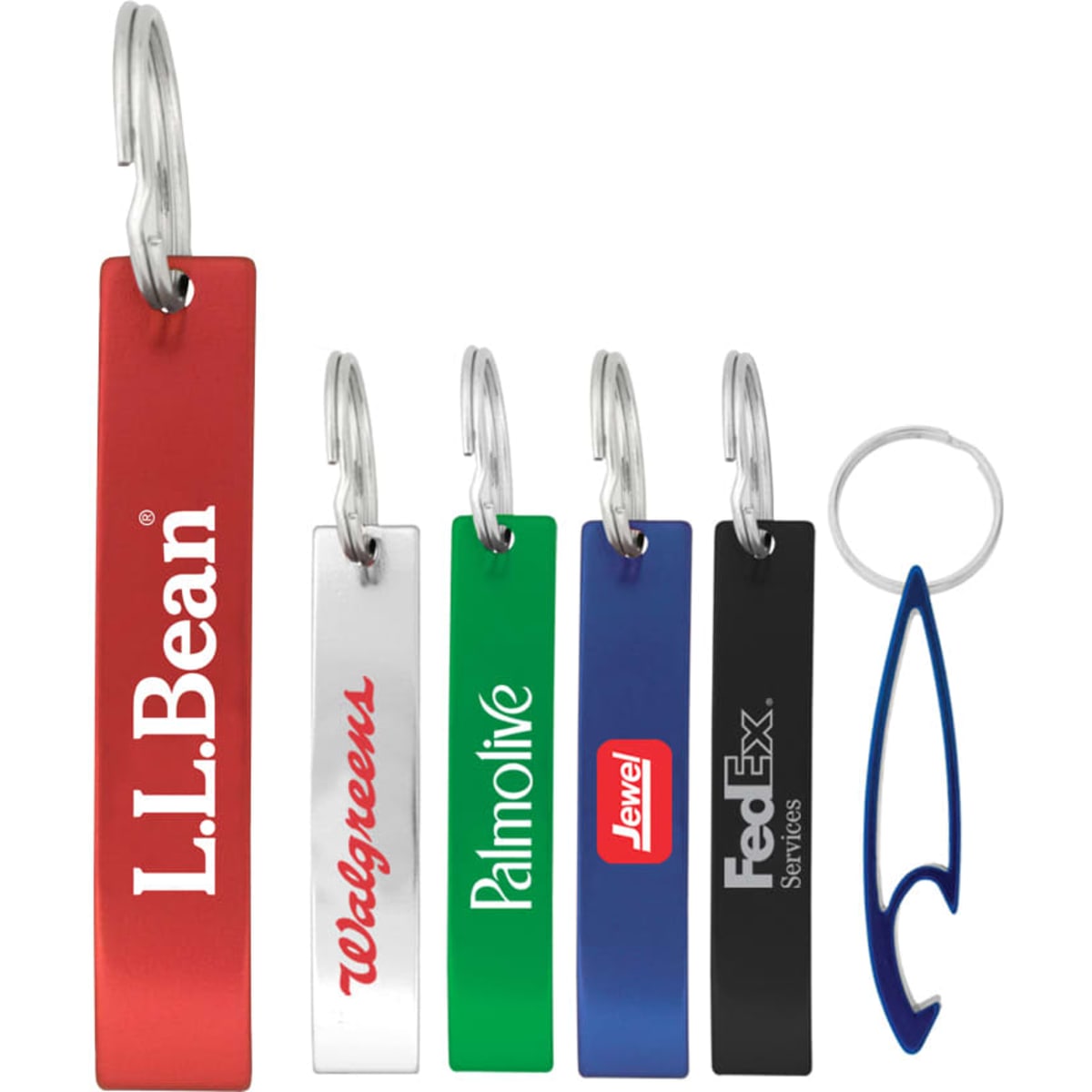 A set of variously coloured drink bottle openers in red, silver, green, black, and blue, each with a branding logo.