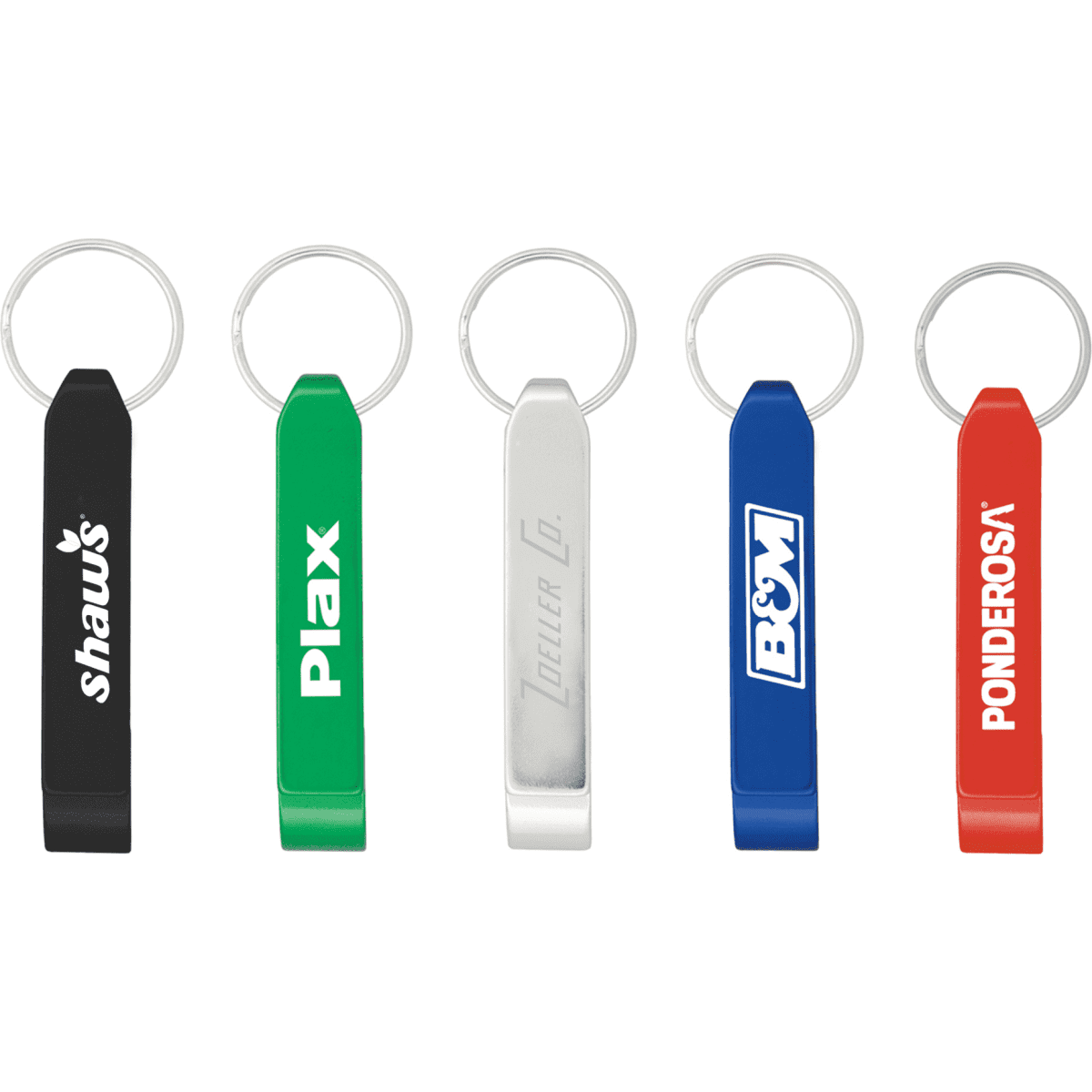A collection of five bottle openers in black, green, silver, blue, and red, each with a keyring attachment and branding.