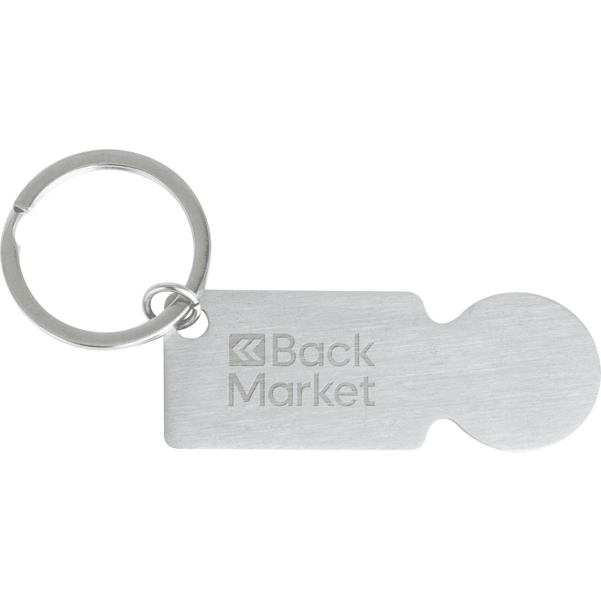 A silver keyring featuring a flat rectangular tag with a rounded end and a circular keyring attachment.