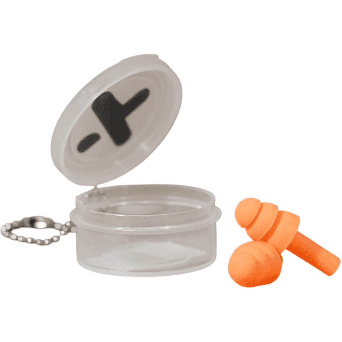 An orange silicone earplug set with a clear container and keychain attachment.