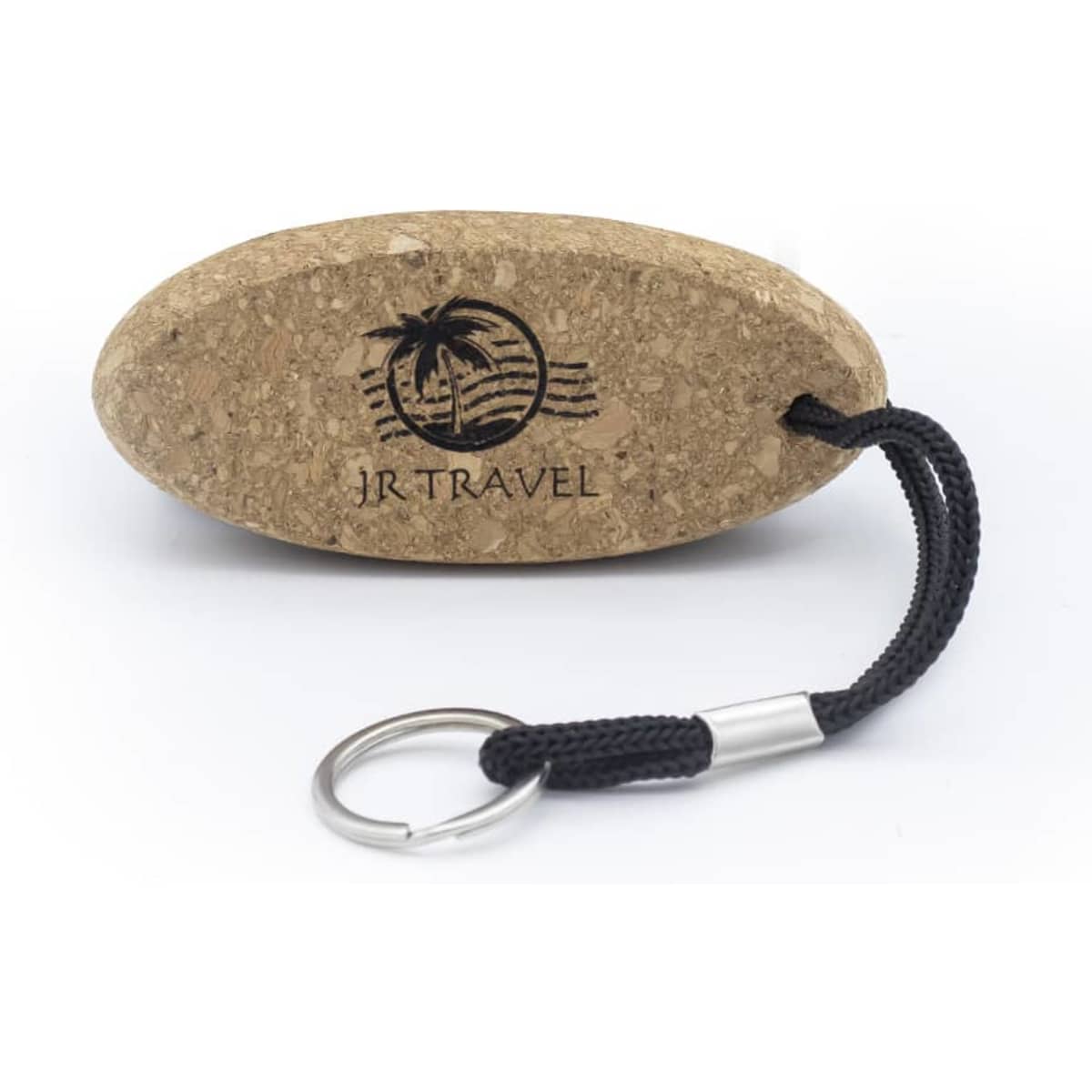 A cork floating keychain with a black strap and a silver keyring, featuring a logo on its surface.