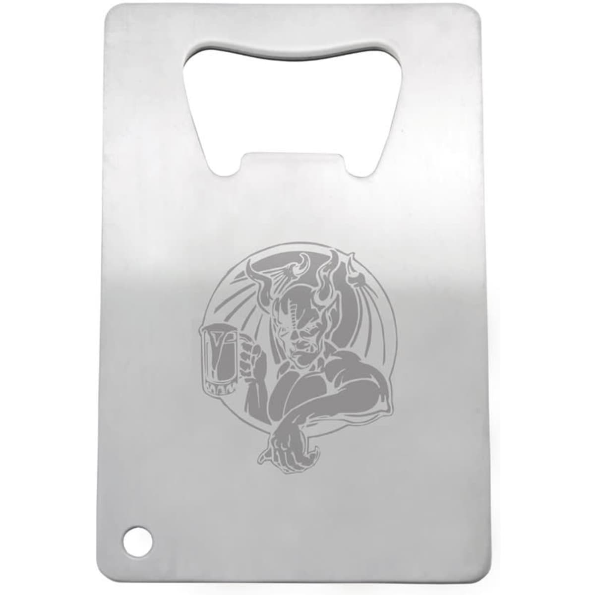 A stainless steel credit card-sized bottle opener features a detailed engraved design on its surface and a circular hole.