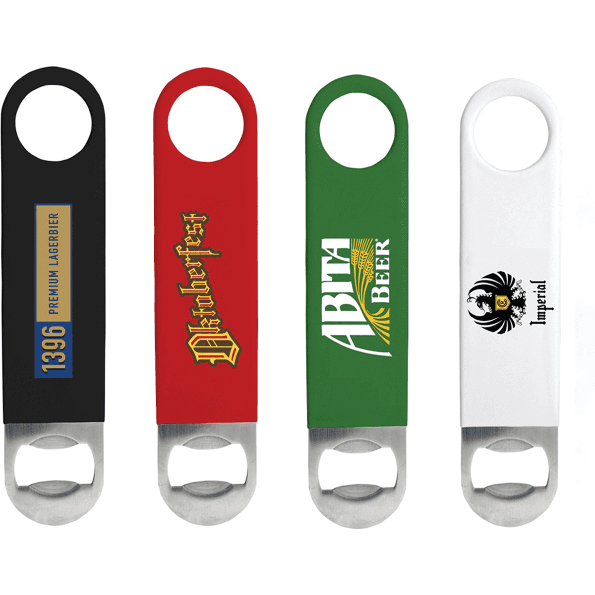 A drink bottle opener set featuring black, red, green, and white designs with metal opening ends and various logos.
