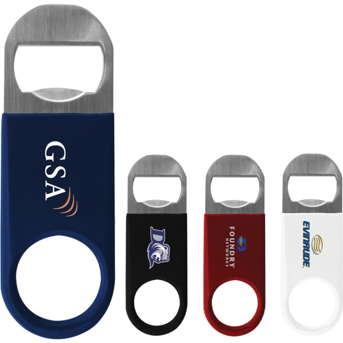 A drink bottle opener set featuring three vinyl bottle openers in navy, black, red, and silver with various logos.