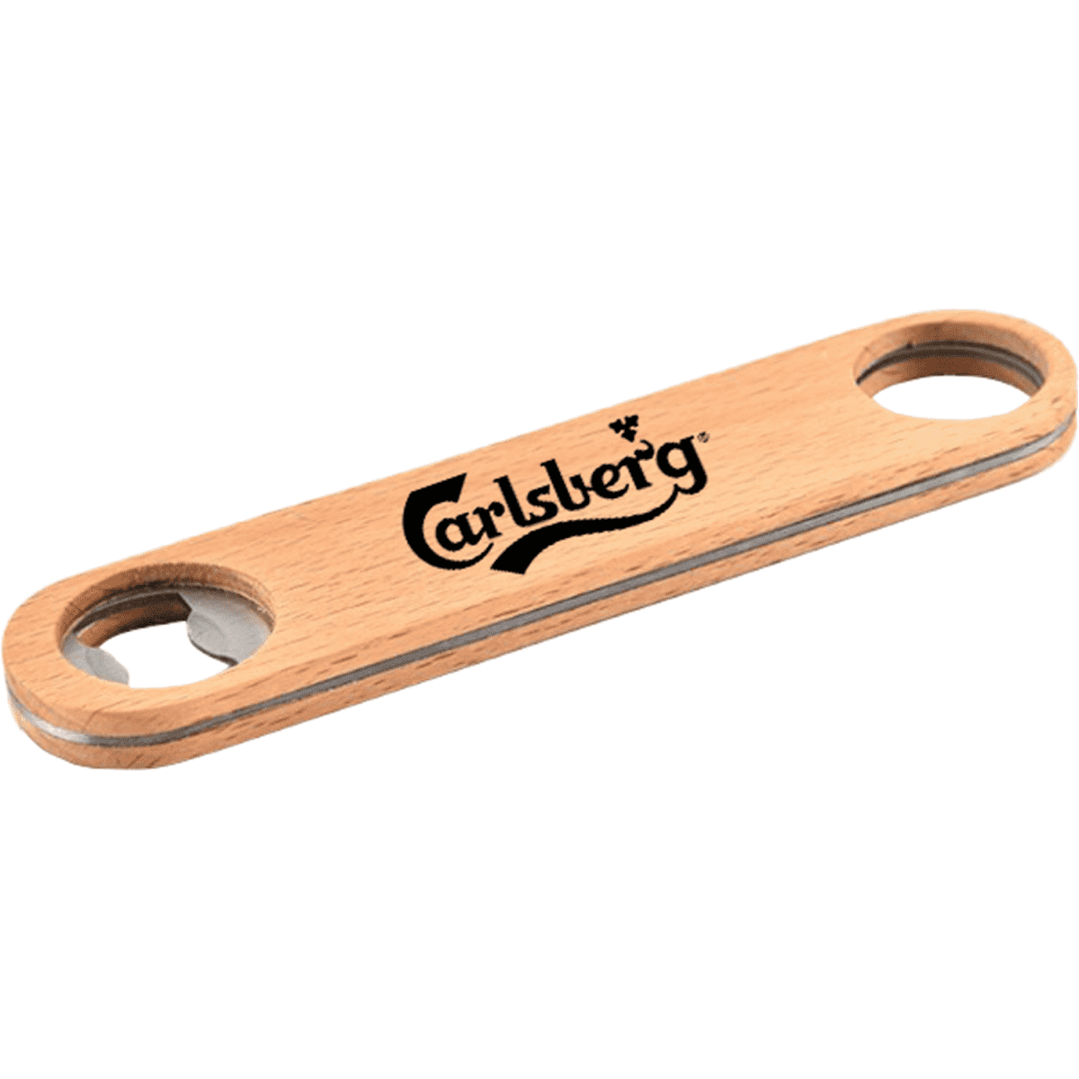A bamboo bottle opener in a natural wood finish with a logo, featuring two circular holes for grip.