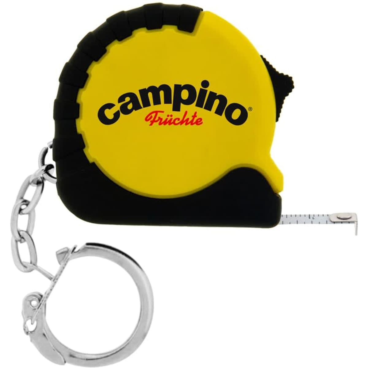 A miniature tape measure in yellow and black, featuring a keychain attachment and a branded logo.