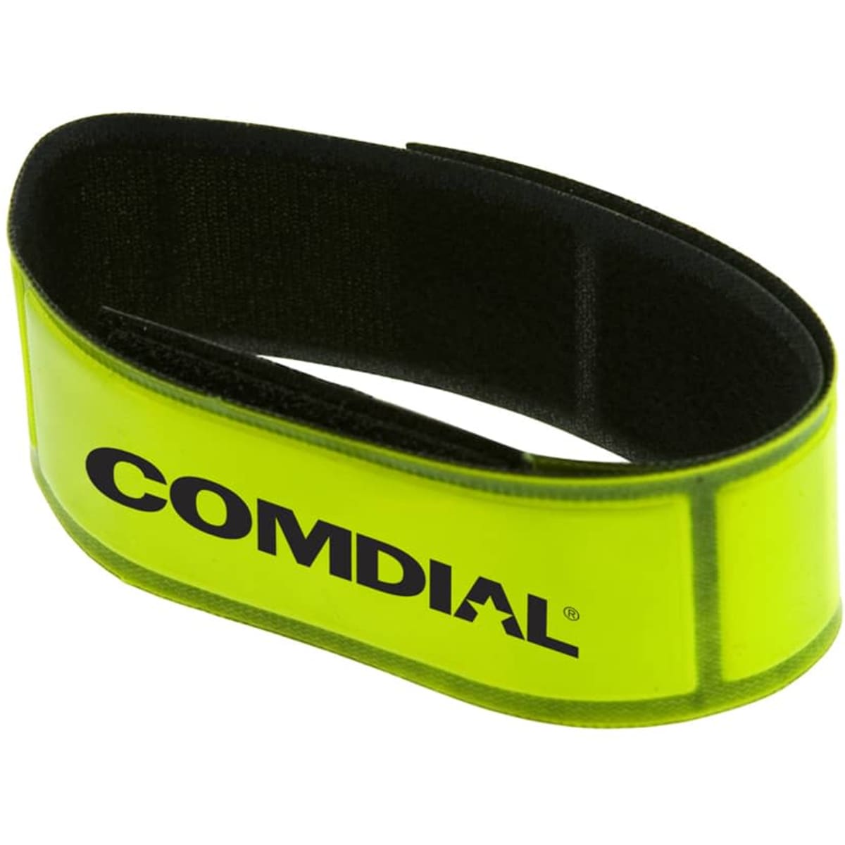 A reflective wristband in bright yellow with a black logo, designed for events and exhibitions.