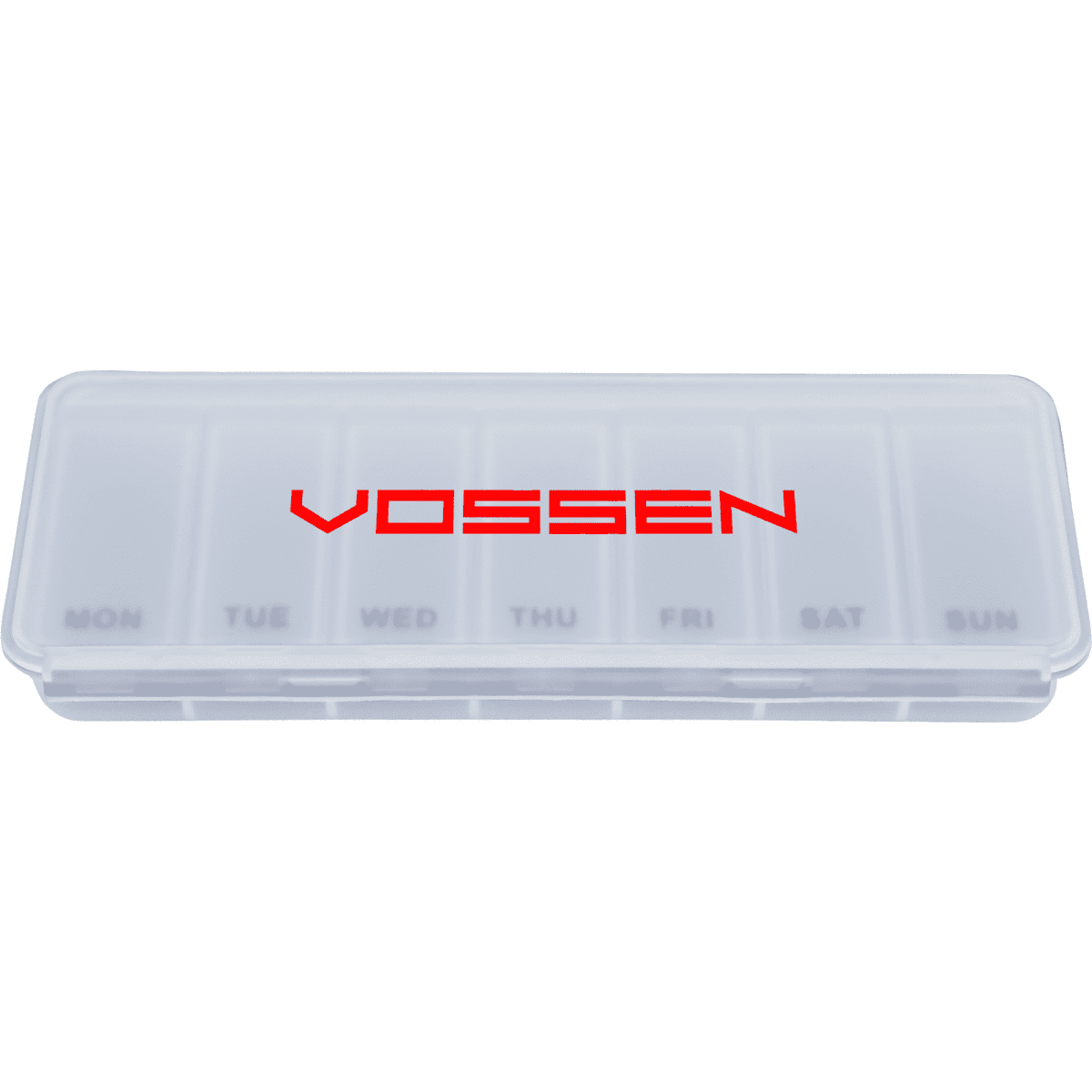 A transparent weekly pill box with compartments for each day, featuring a red logo.