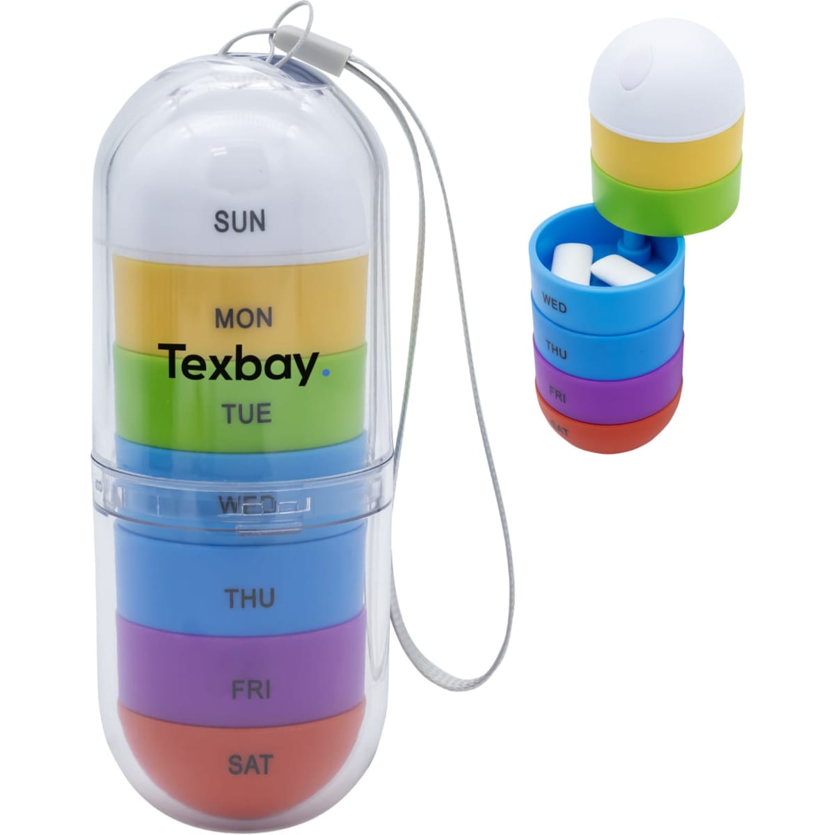 A transparent capsule-shaped pill holder with rainbow-coloured compartments for each day of the week and a white cap.