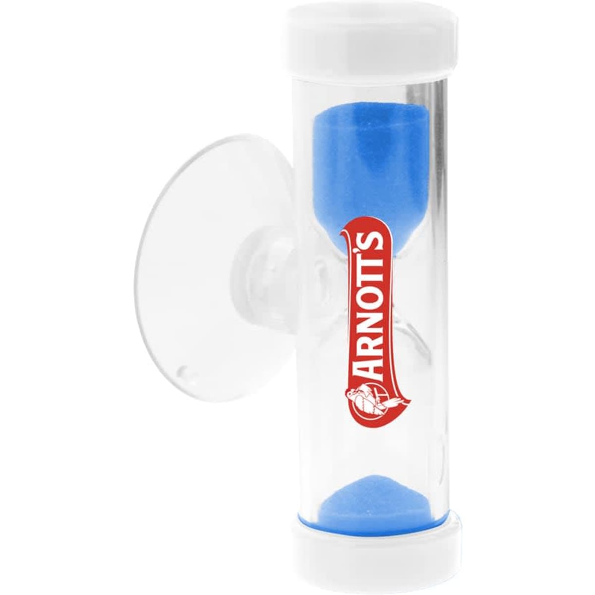 A clear sand timer with blue sand and a white cap, featuring a logo on the front.