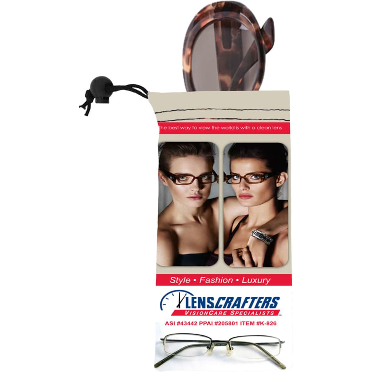 A microfibre sunglass pouch in cream and brown, featuring images of stylish eyewear and a drawstring closure.