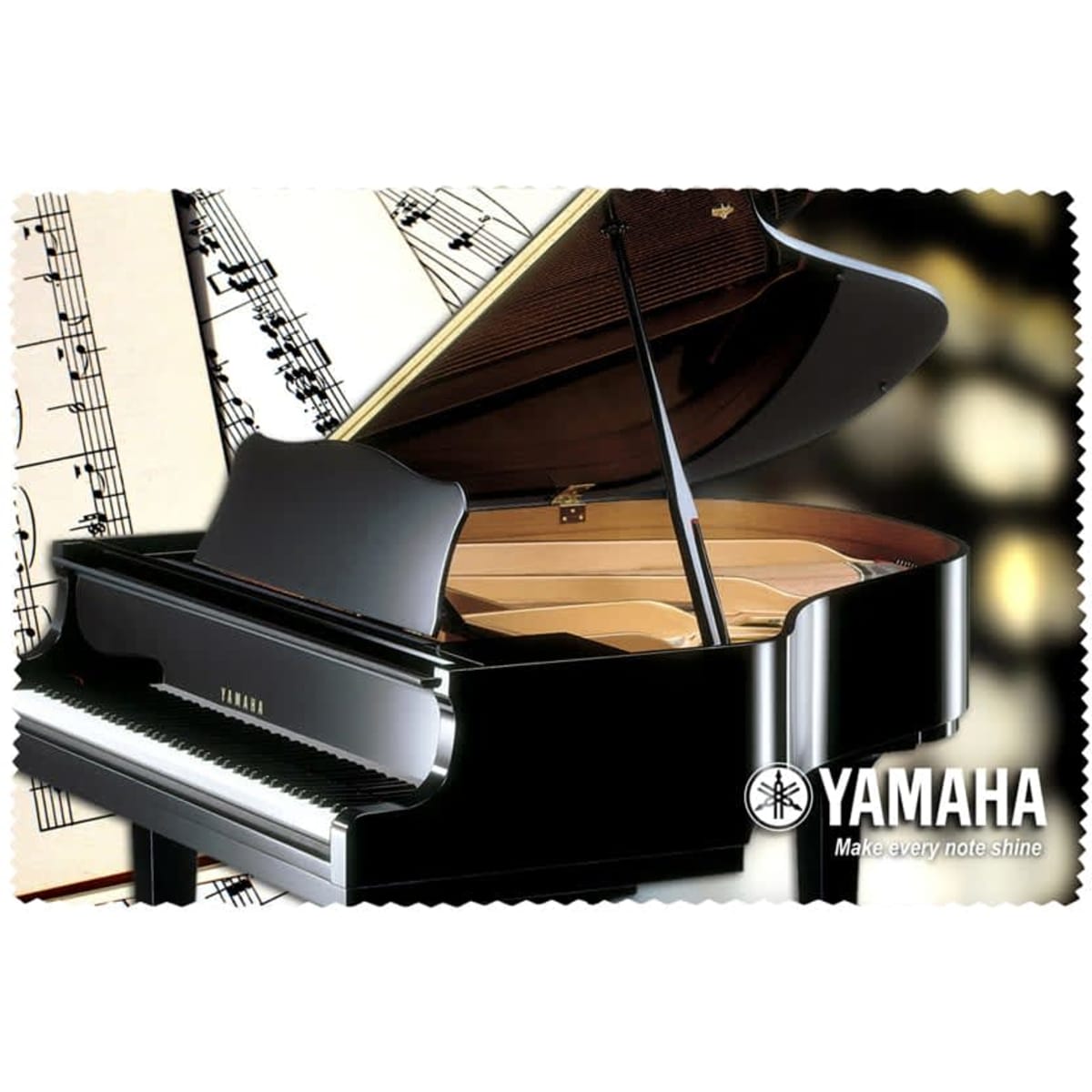 A microfibre cloth featuring a black grand piano design and a music sheet background, with a logo in one corner.