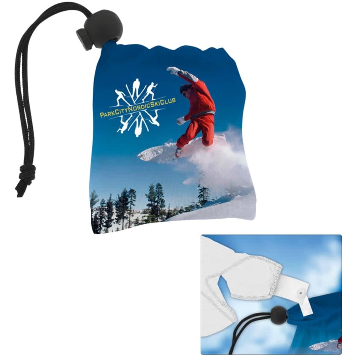 A blue microfibre pouch with a drawstring, featuring a logo and an image of a skier on the front.