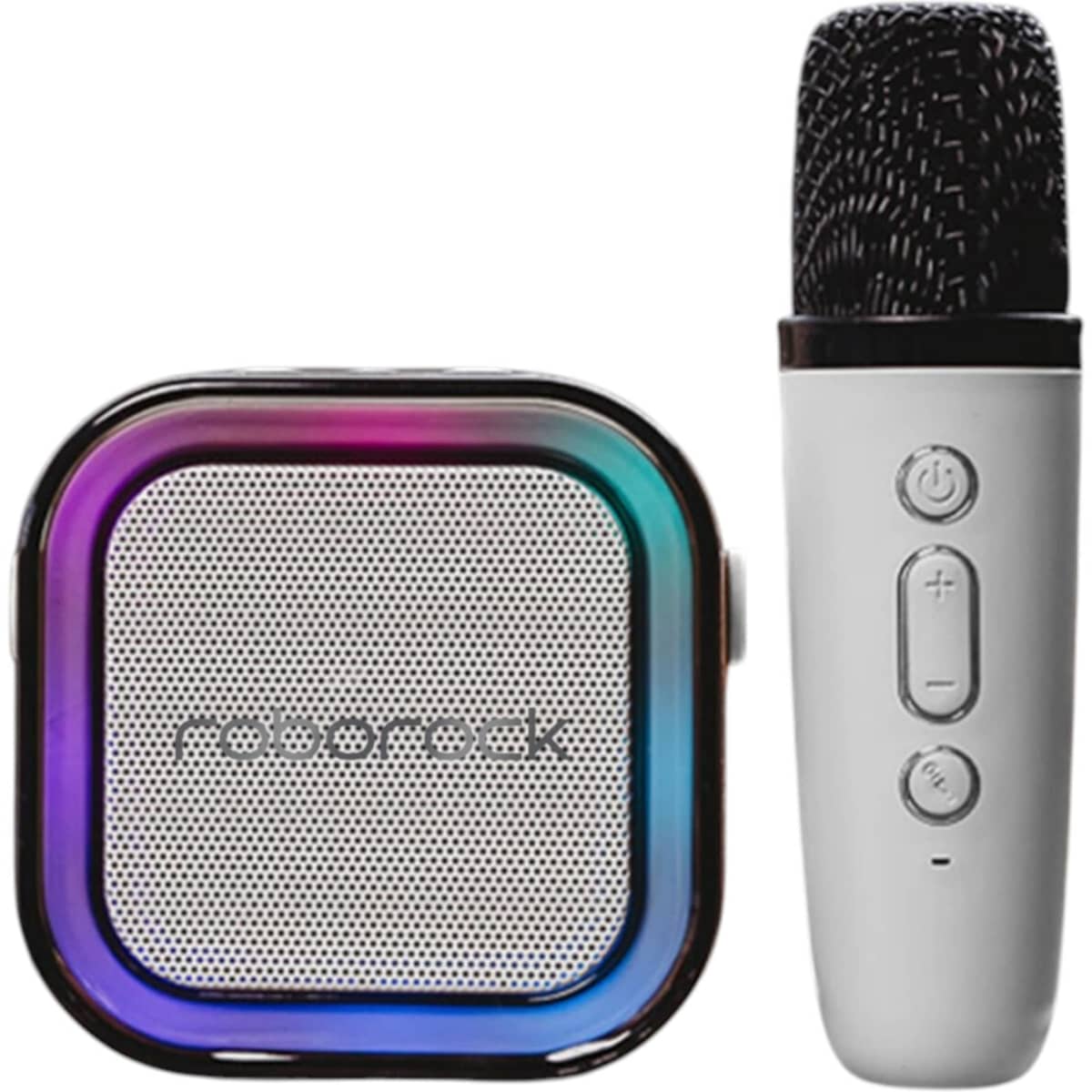 A portable karaoke machine in black and white, featuring a speaker with a multicoloured edge and a handheld microphone.