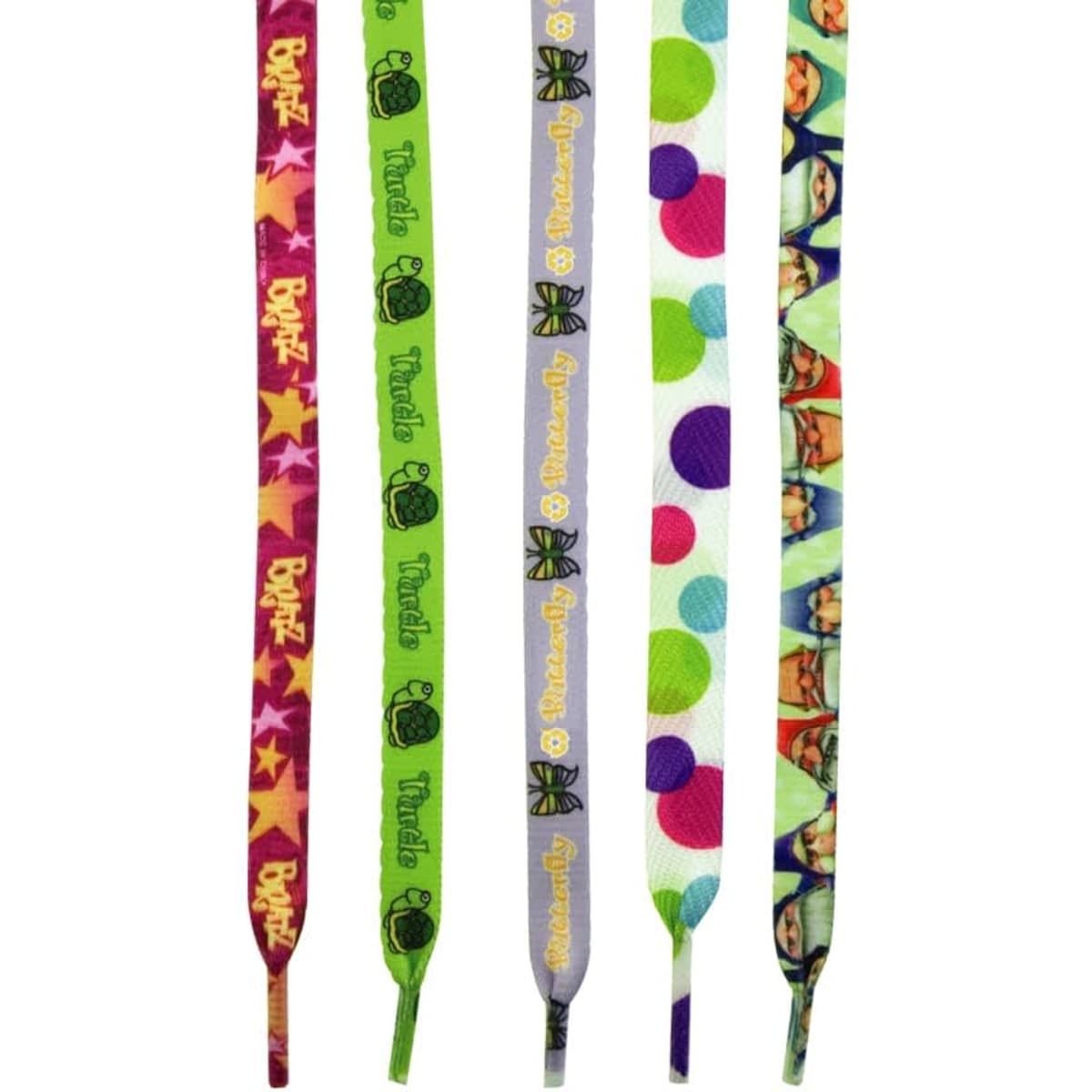 A set of colourful shoe laces featuring various patterns, including stars, frogs, and polka dots, and a logo on one.