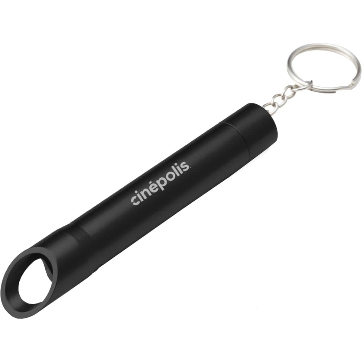 A drink bottle opener keychain in sleek black, featuring a keyring attachment and a branding logo.
