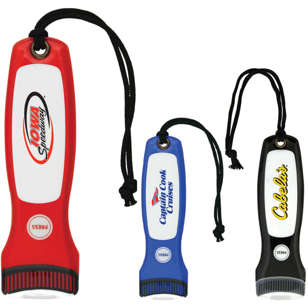 A set of three magnetic flashlights in red, blue, and black, featuring various logos and attached wrist straps.