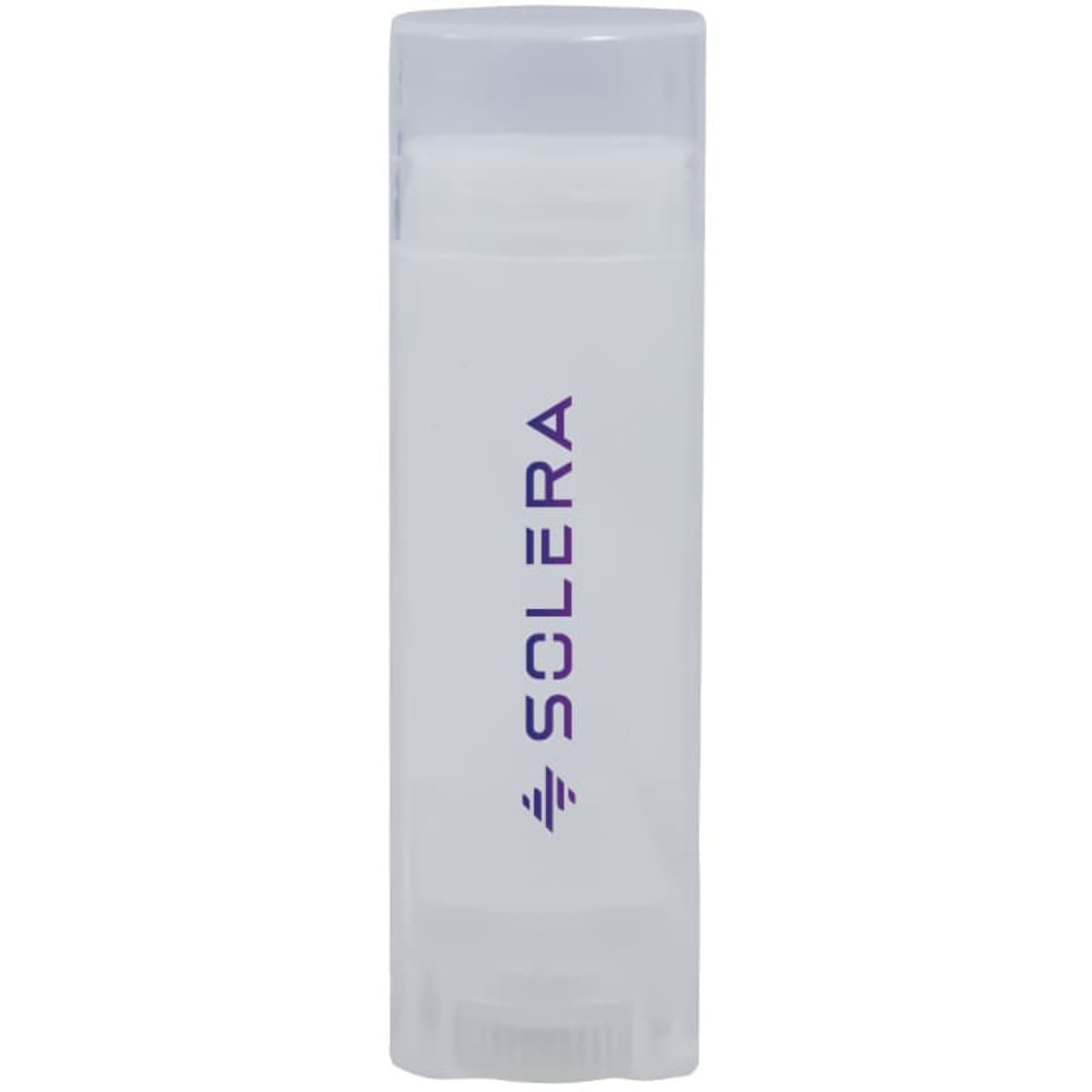 A transparent lip balm container with a white balm inside and a purple logo.