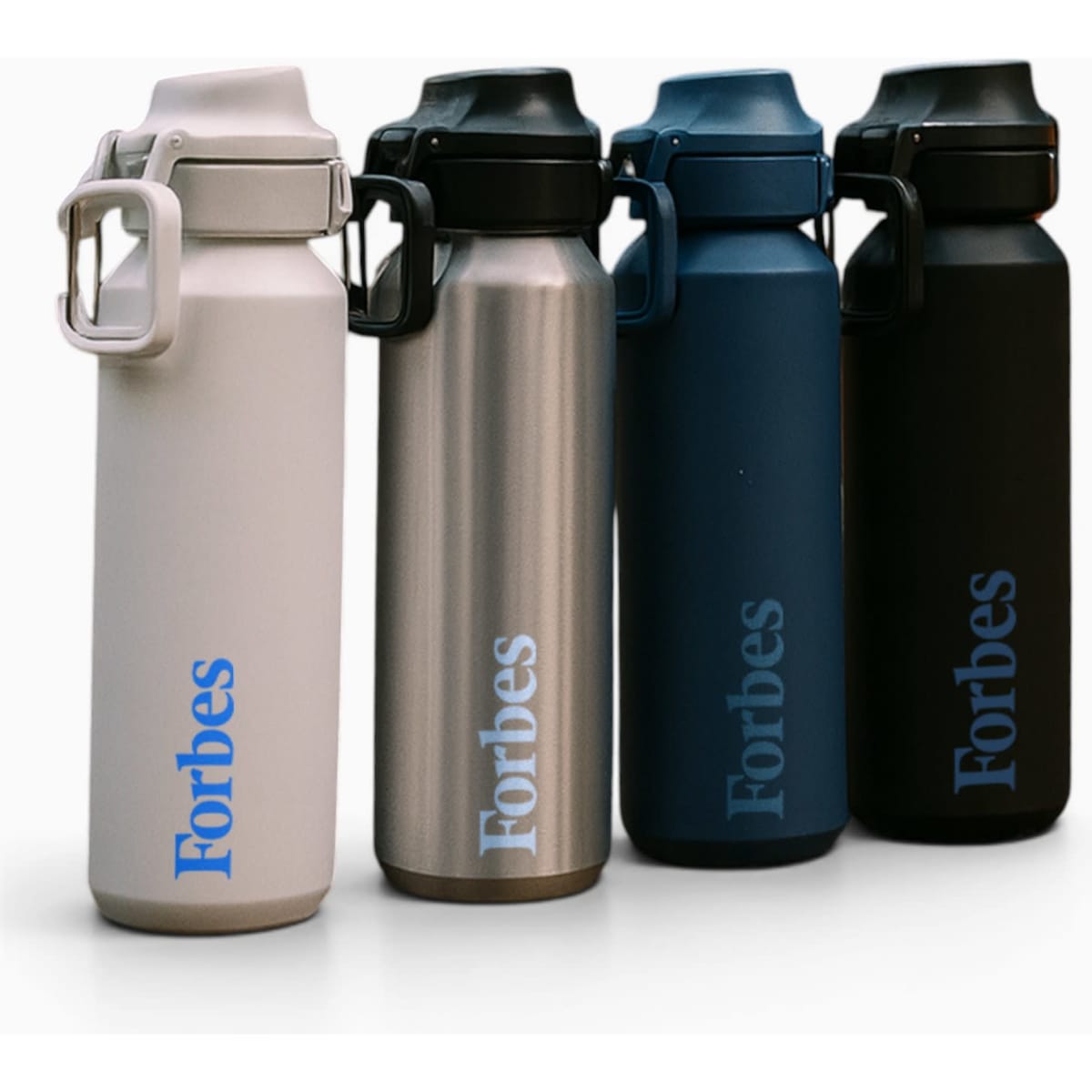 A drink bottle collection featuring four colours: white, stainless steel, navy blue, and black, each with a logo.