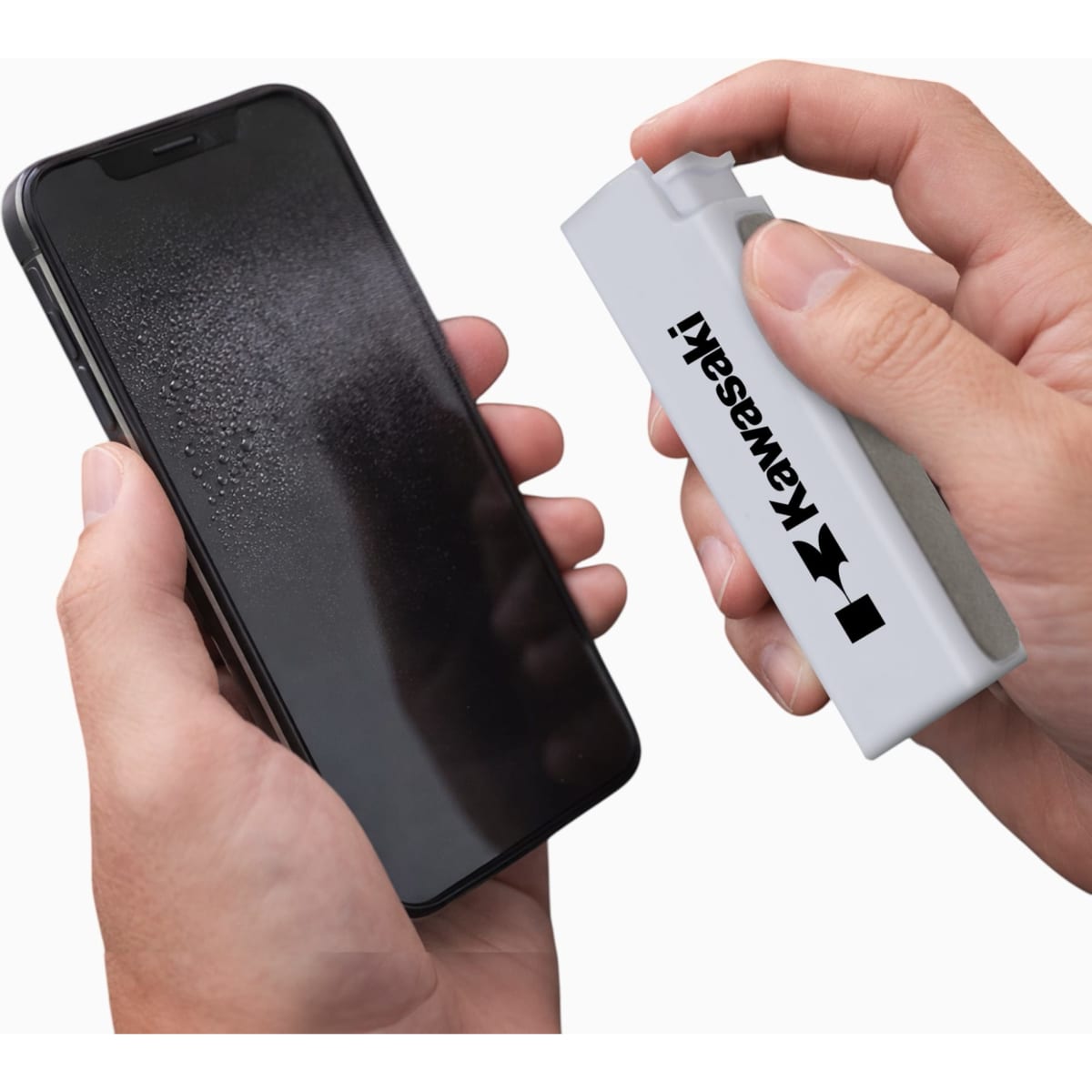 A phone cleaning device in grey next to a wet smartphone screen, featuring a logo. 