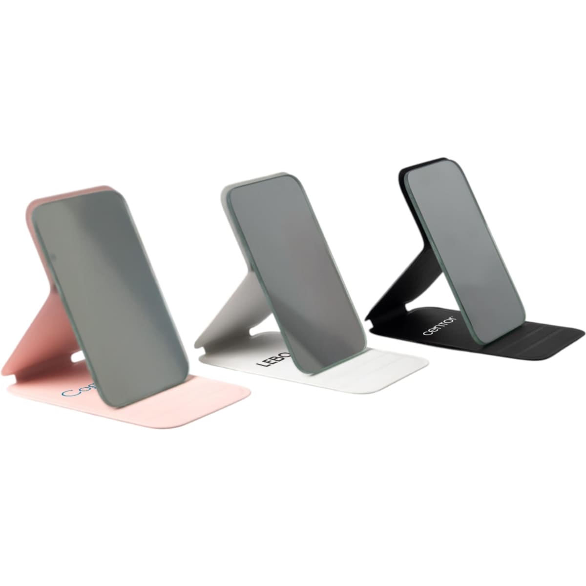 A set of three pocket mirrors in pink, white, and black, each with a sleek design and a logo.