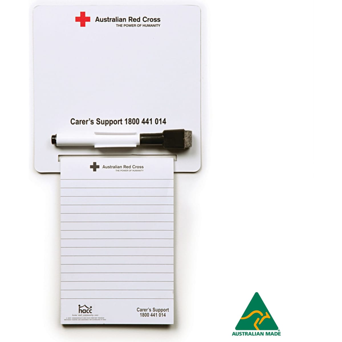 A magnetic whiteboard notepad in white, featuring a clip-on pen and an Australian Red Cross logo.