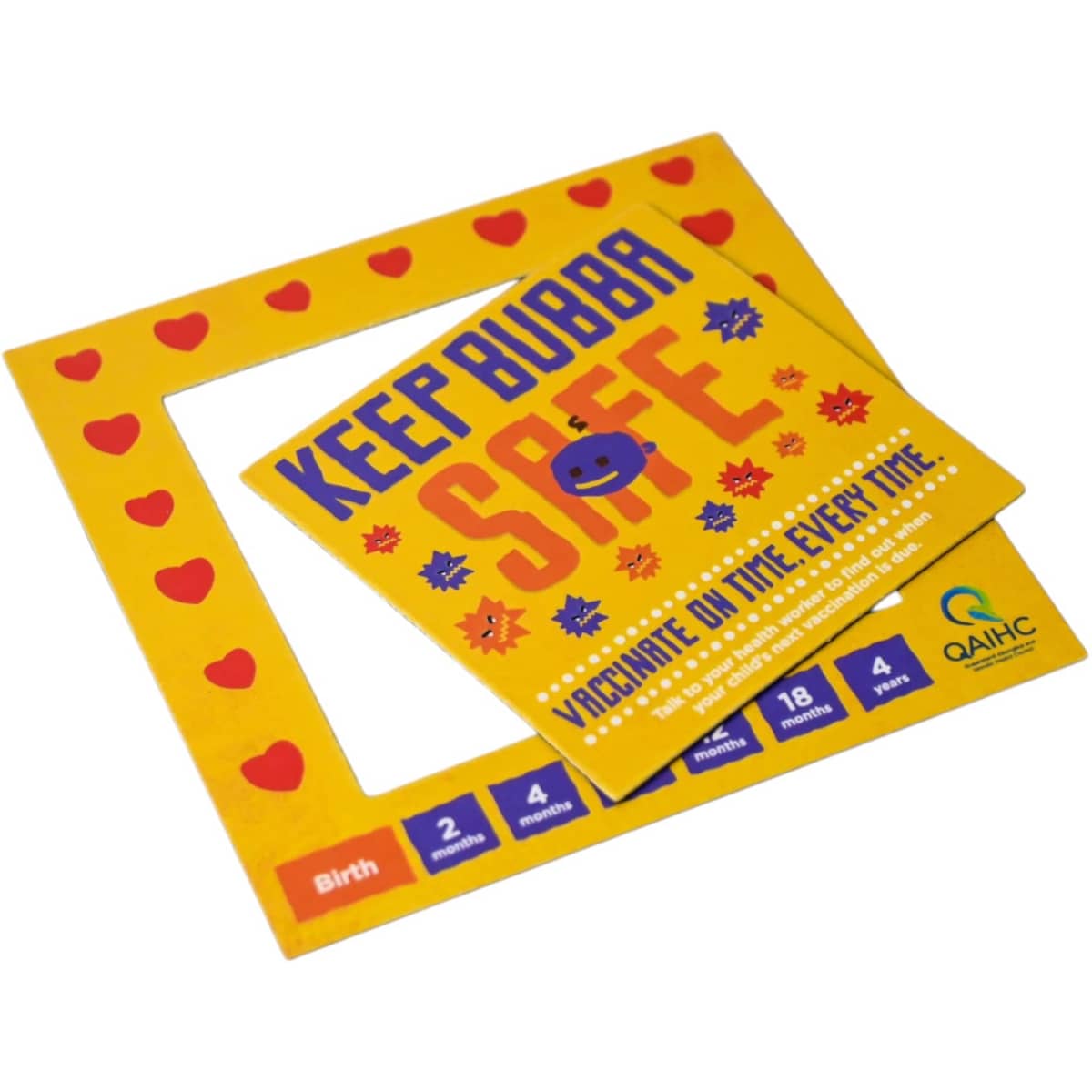 A yellow magnetic photo frame featuring heart designs, with a card displaying health information. It includes a logo.