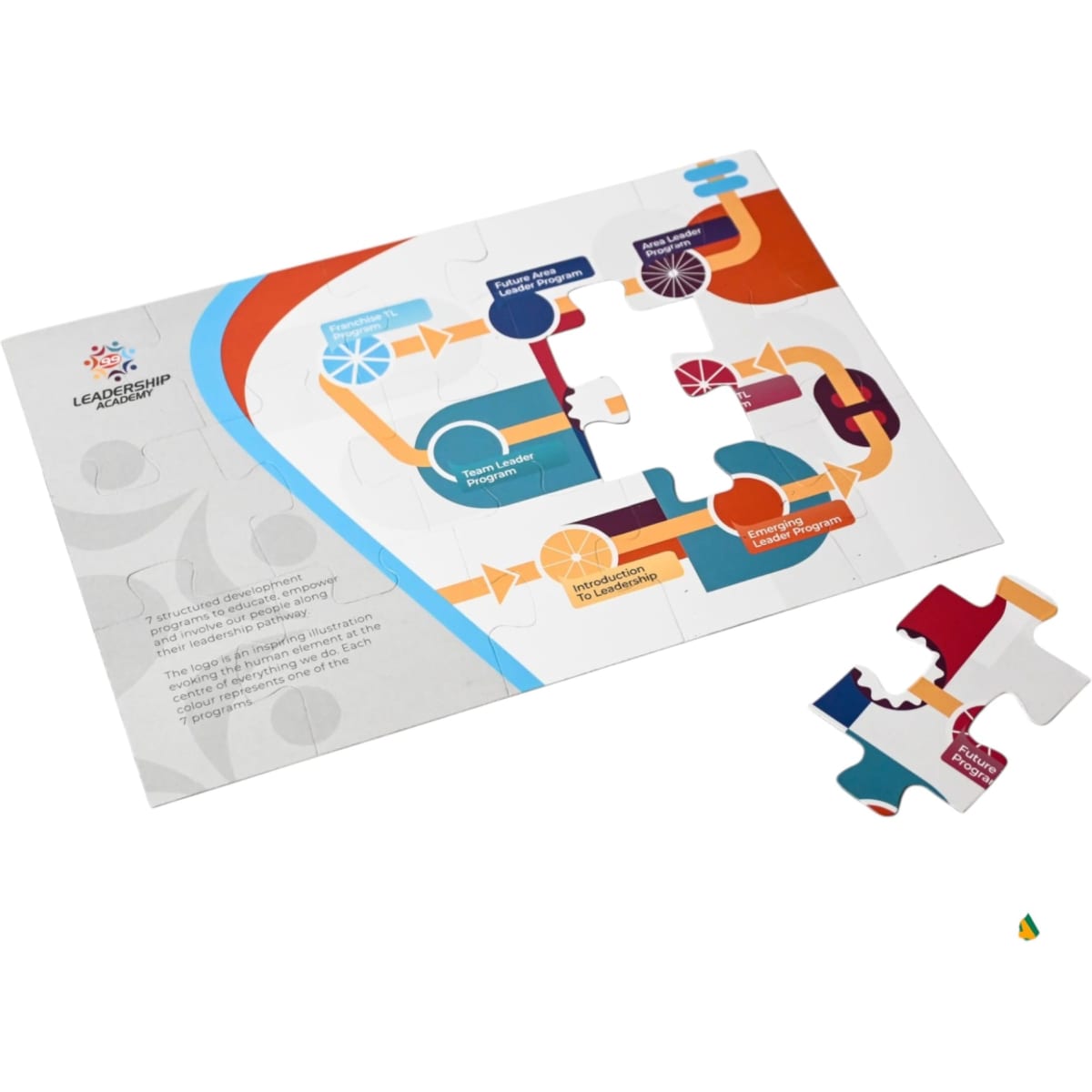 A magnetic jigsaw featuring various colours, with an incomplete puzzle and a single piece displayed. It includes a logo.