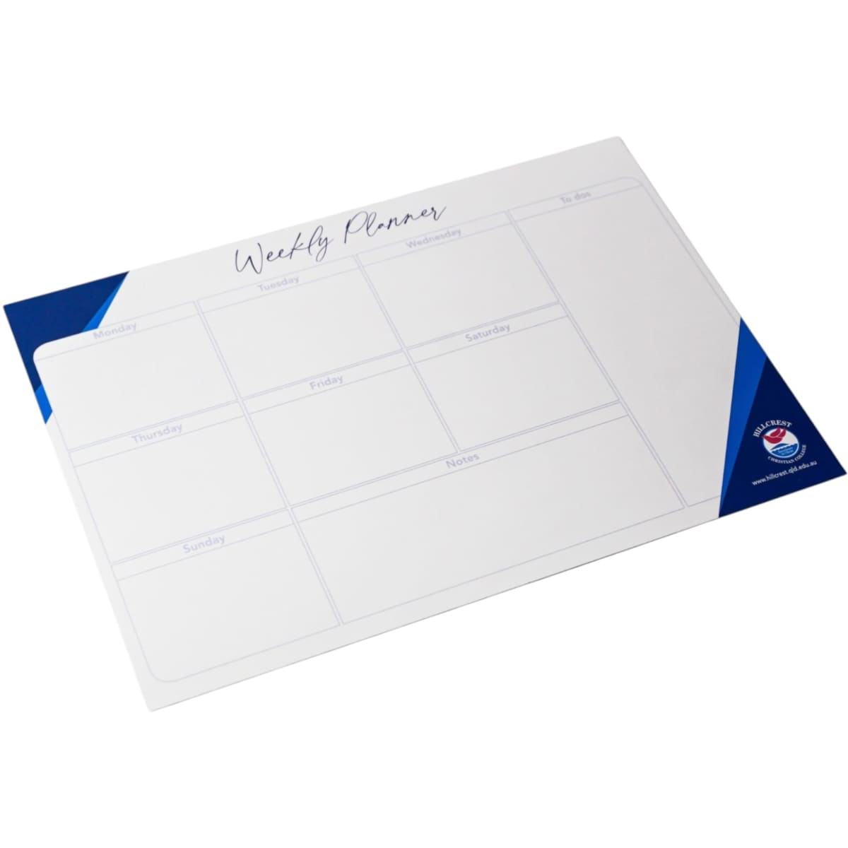 A magnetic whiteboard weekly planner in white with blue corners, featuring sections for each day of the week.