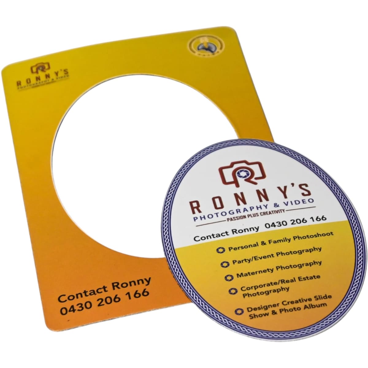 A yellow and white magnetic photo frame with a circular insert featuring a logo and contact information.