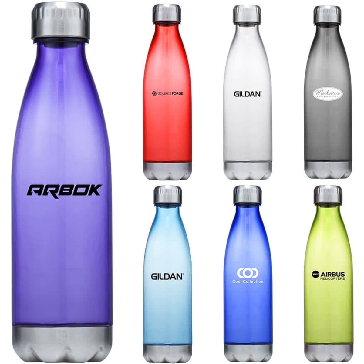 A drink bottle collection featuring various colours: purple, red, silver, green, and blue, each with branding.