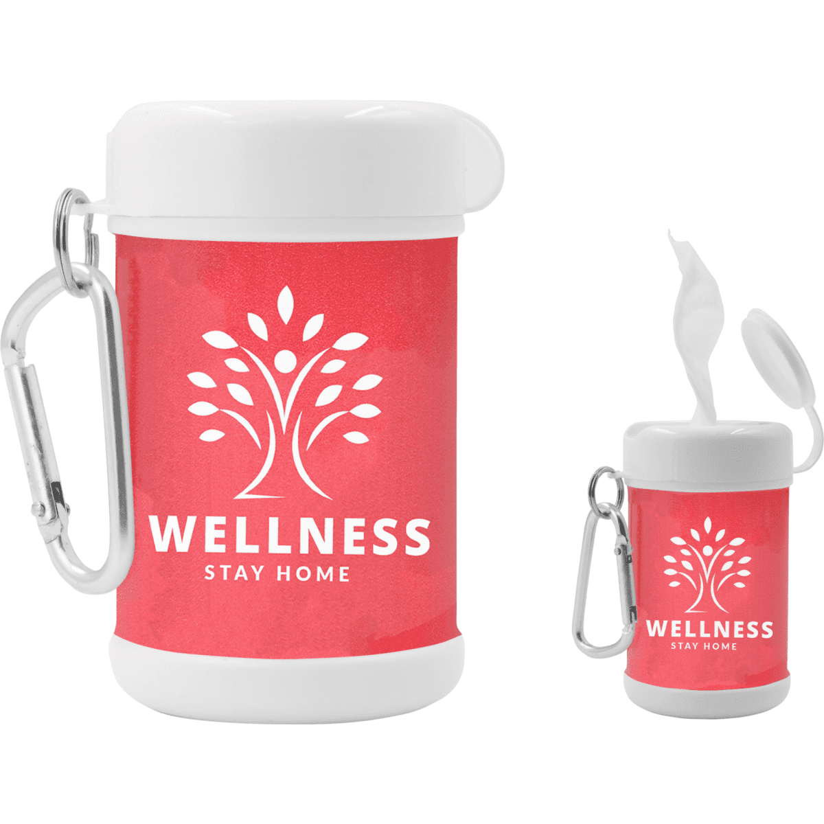 A pink antibacterial wipes canister with a white lid and a carabiner. It features a logo.