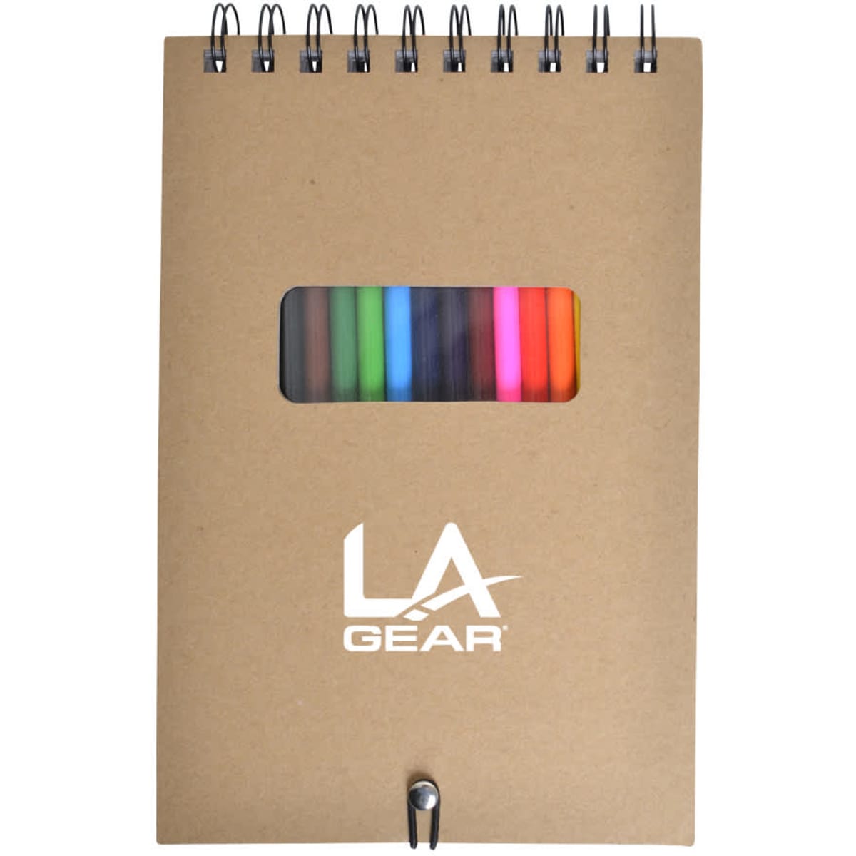 A spiral-bound notebook with a kraft cover featuring a transparent window displaying several colourful markers inside.
