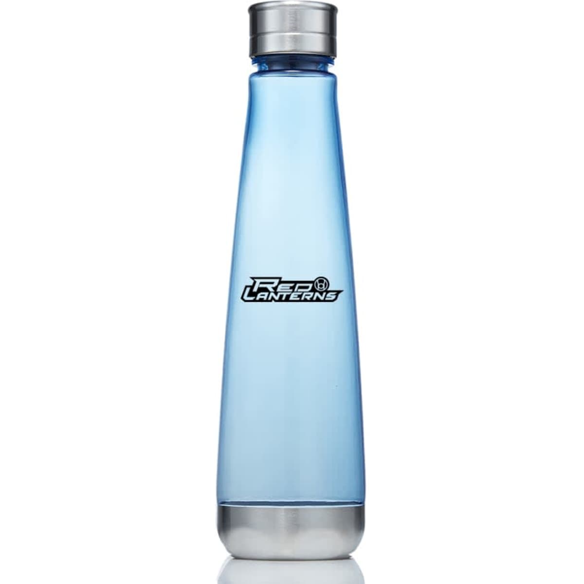 A drink bottle made of clear Tritan material, featuring a sleek blue design and a metallic silver lid.