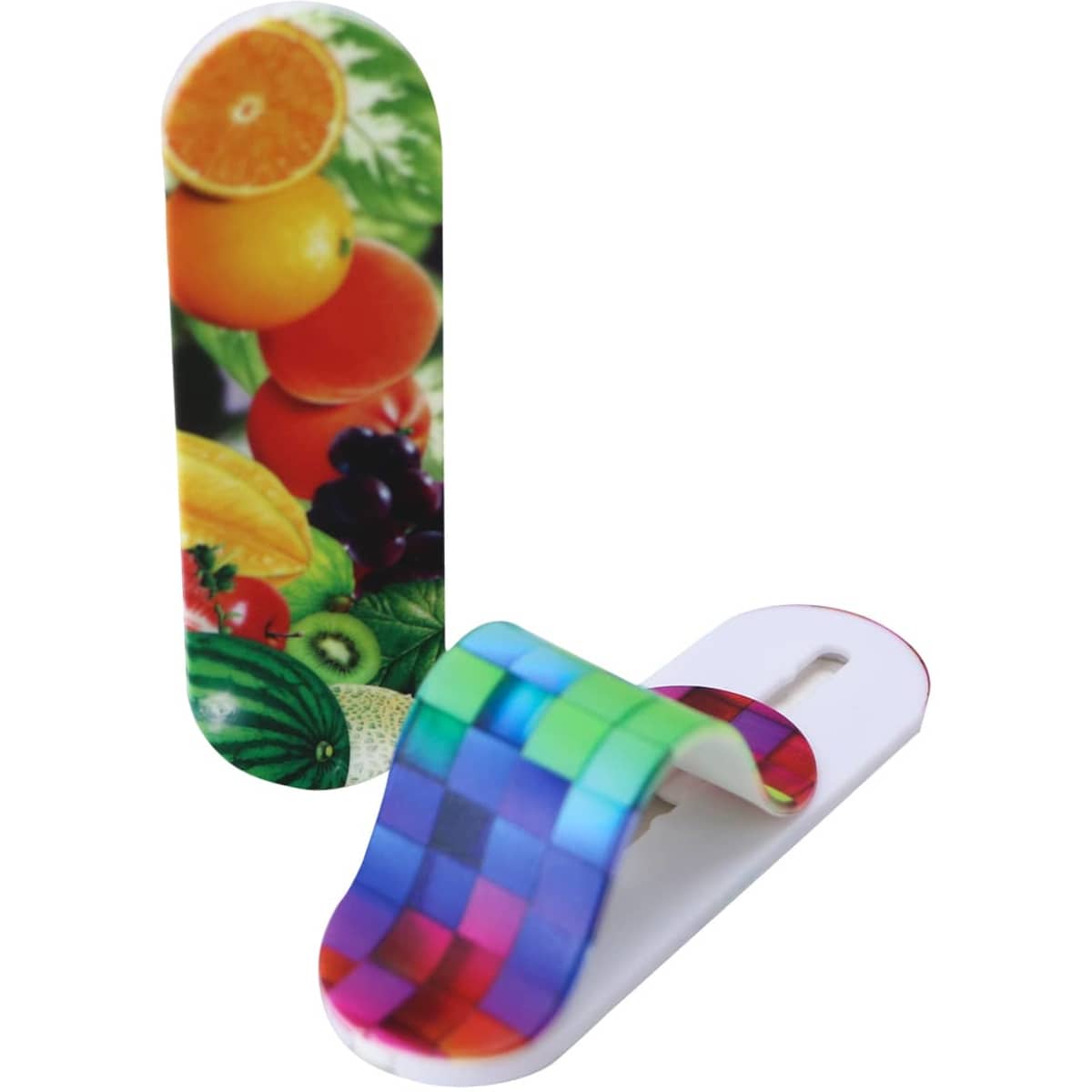 A vibrant, multicoloured smartphone strap features a fruit design on one side and a checkerboard pattern on the other.