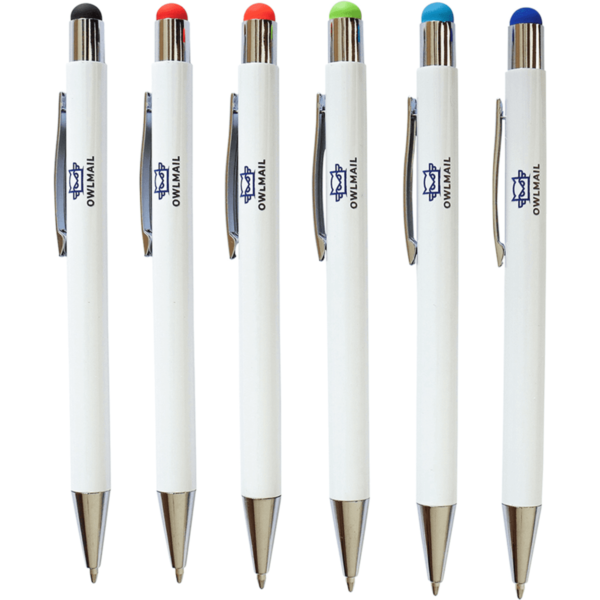 A collection of six stylus pens in white with different coloured tips: black, red, green, and blue. Each pen has a logo.