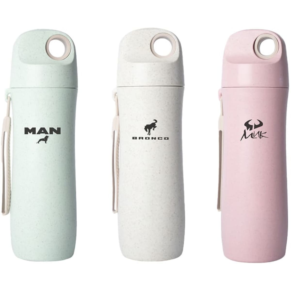 A drink bottle set featuring three colours: pale green, white, and light pink, with logos on each.