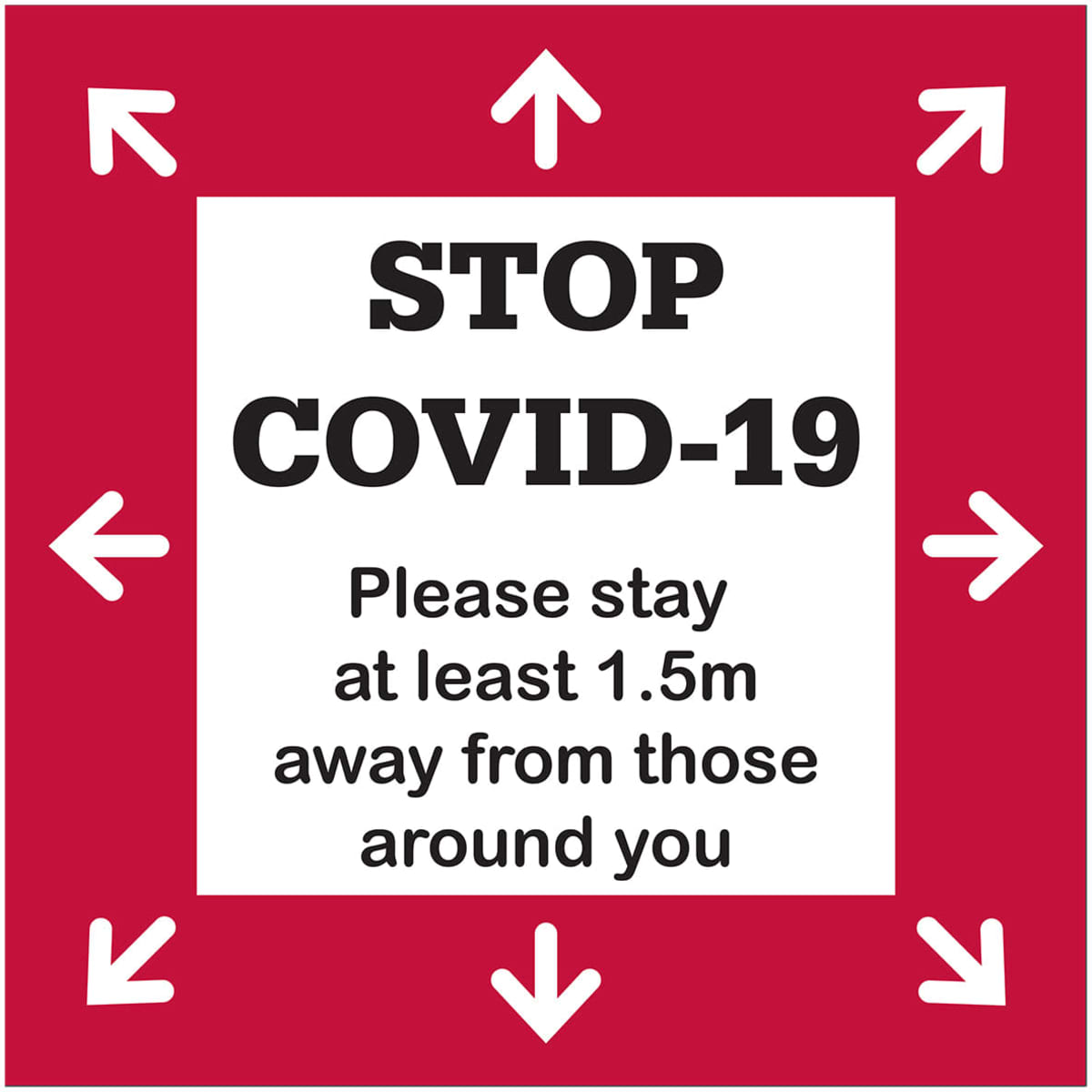 A red floor decal sticker featuring white arrows and black text promoting social distancing measures.