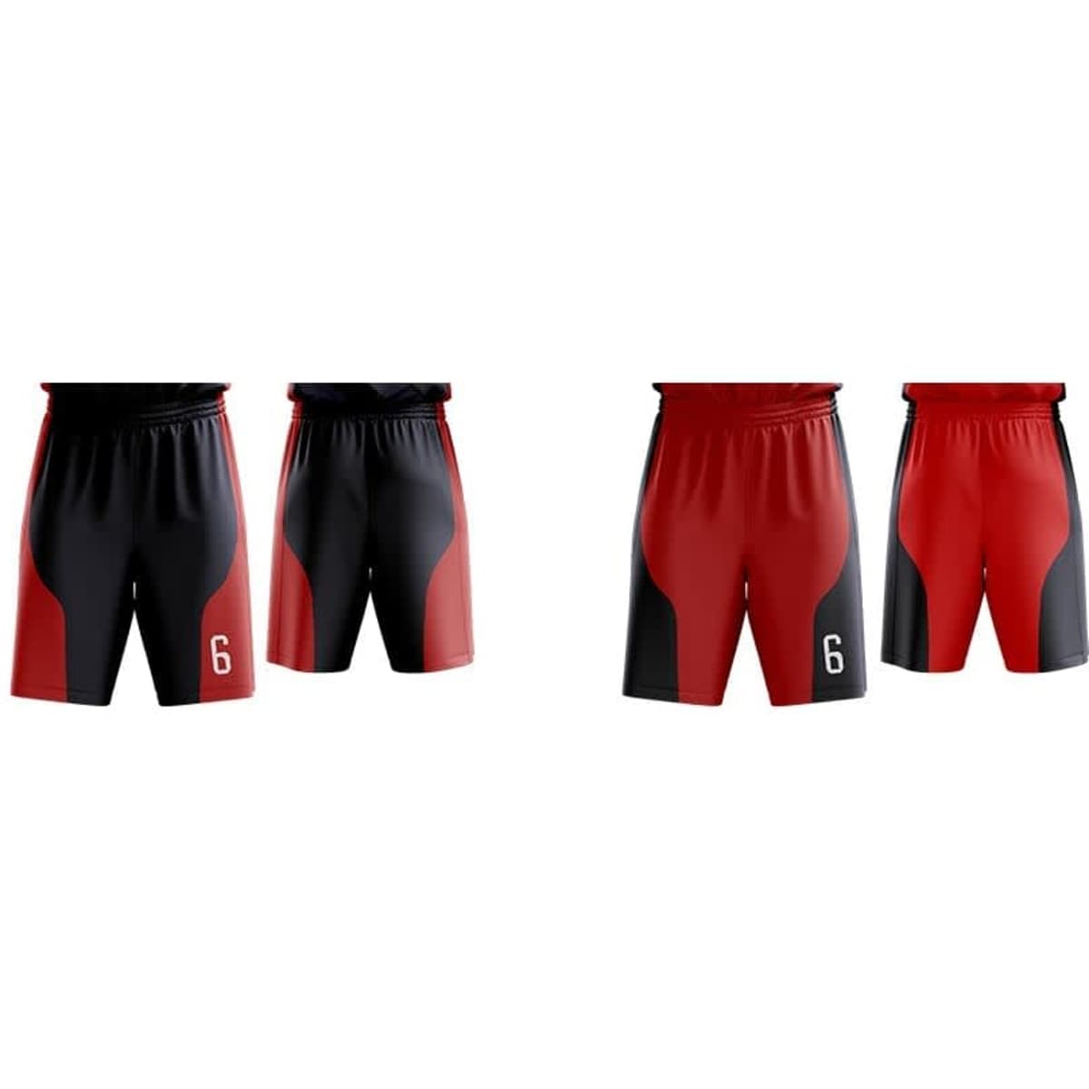 Reversible shorts featuring red and black colours, with a number on one side and contrasting panels. Includes logos.