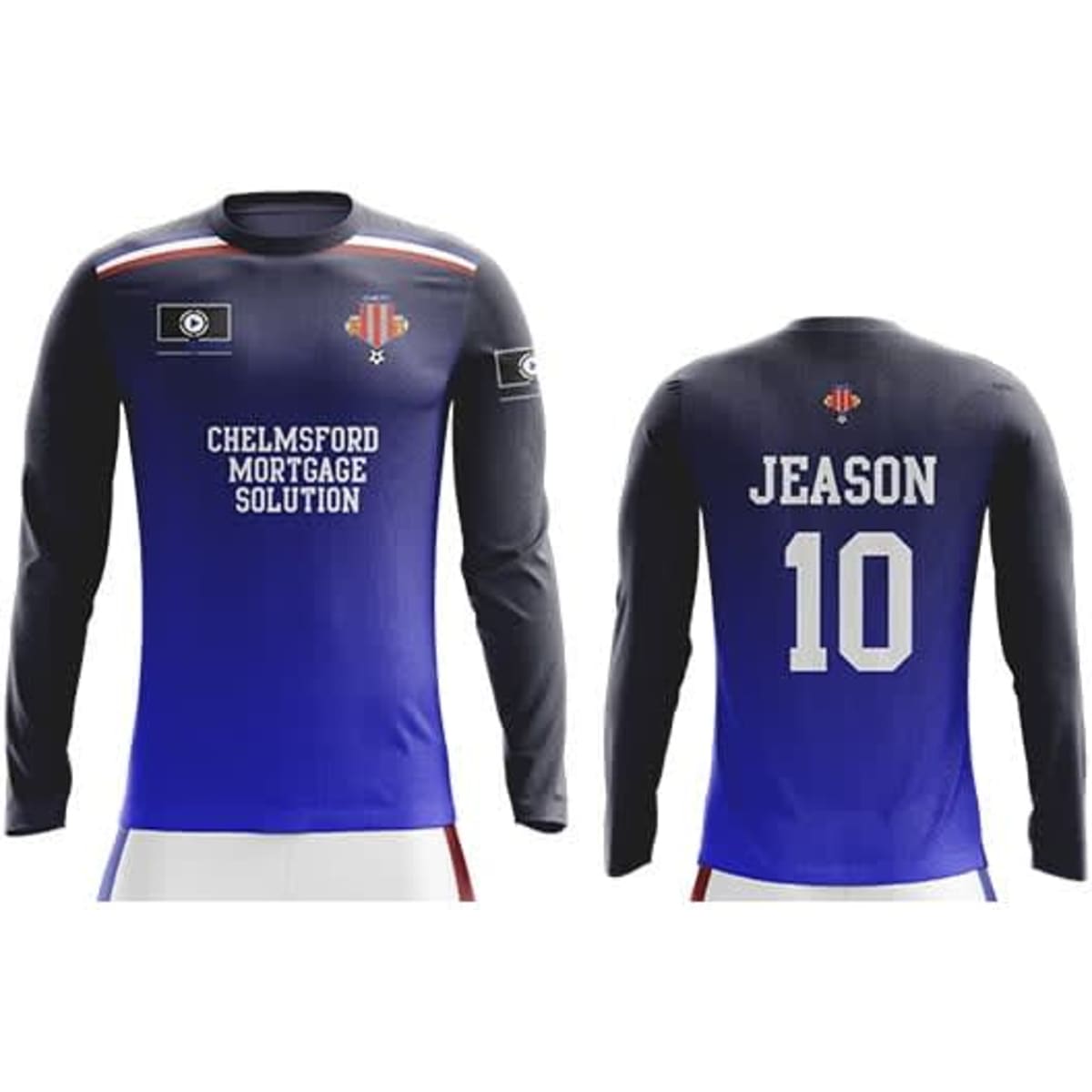 A long sleeve soccer jersey in blue and black, featuring a logo and the name 'JEASON' on the back.