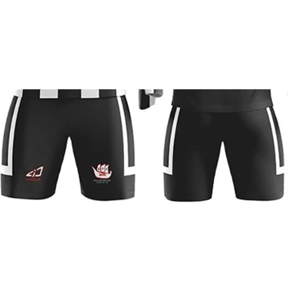 Black sports shorts featuring white stripes and a logo. Suitable for soccer or touch football.