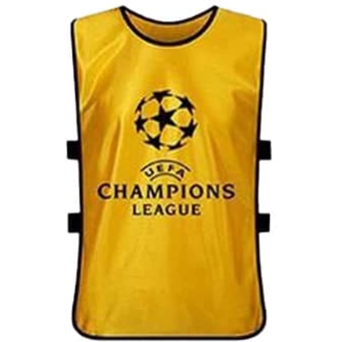 A yellow soccer vest featuring black trim and a logo on the front. It has adjustable straps on the sides.