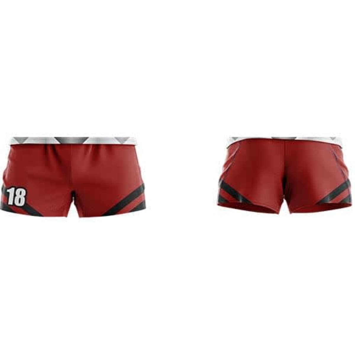 Rugby/AFL shorts in red with black accents and a logo, featuring a number on the side.