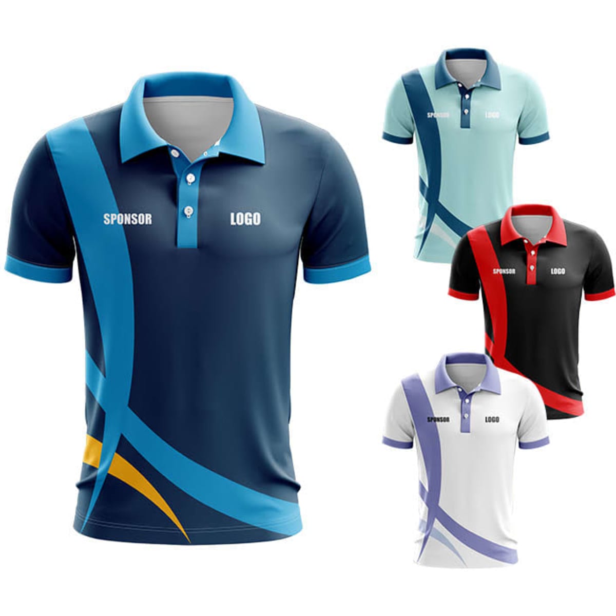 Four polo shirts in navy blue, light blue, black, and white with a logo, featuring dynamic designs.