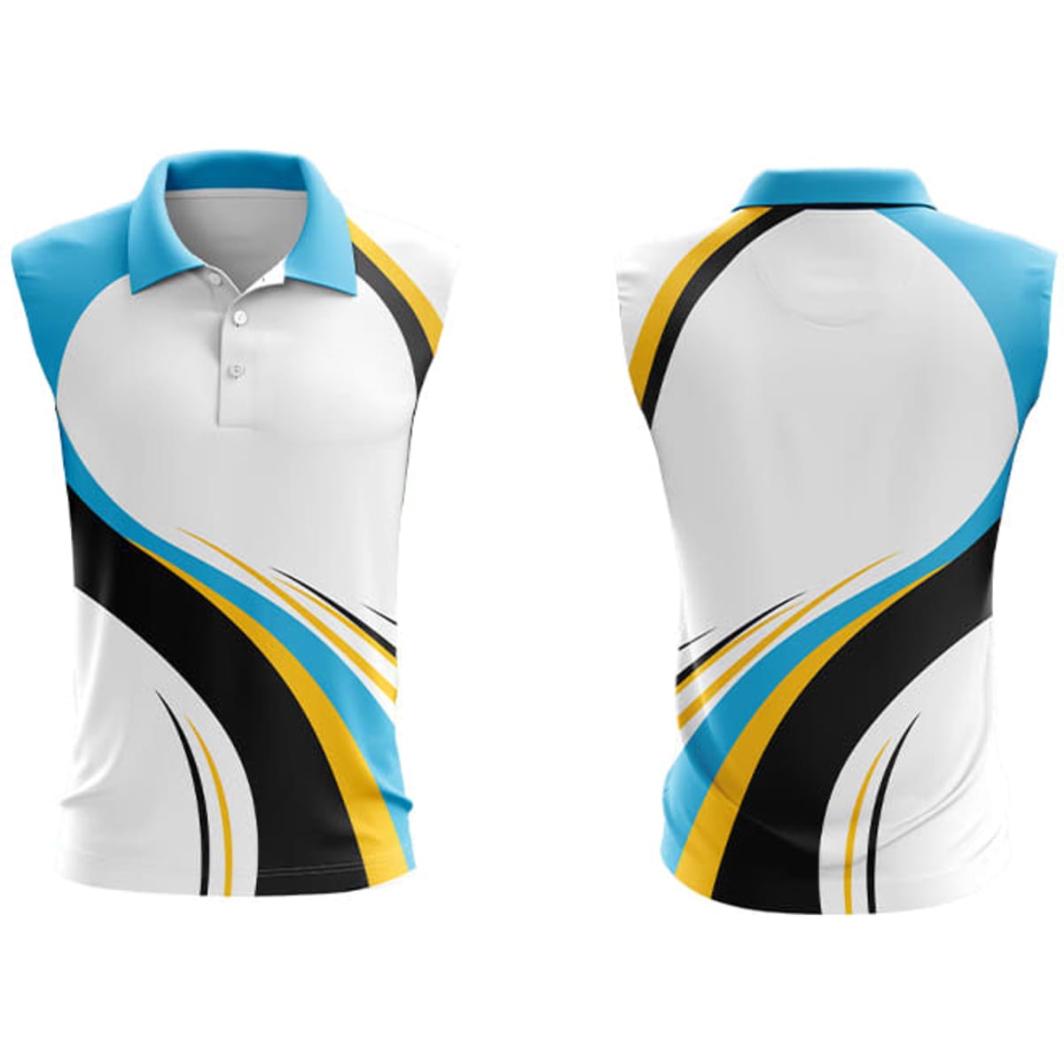 A sleeveless polo shirt in white with blue, black, and gold designs, featuring a collar and a logo.