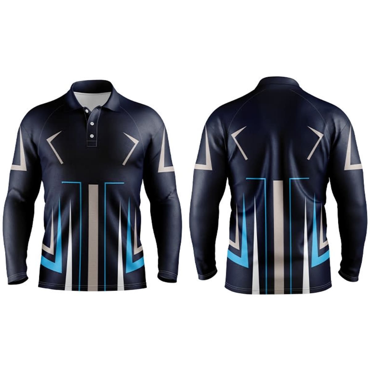 A long sleeve polo shirt in navy blue with geometric patterns in light blue and white, featuring a logo.