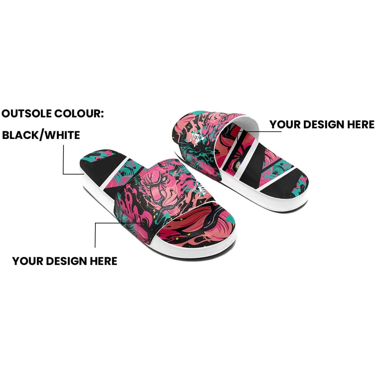 Slides with a black and white outsole, featuring vibrant graphic designs in pink, green, and black.