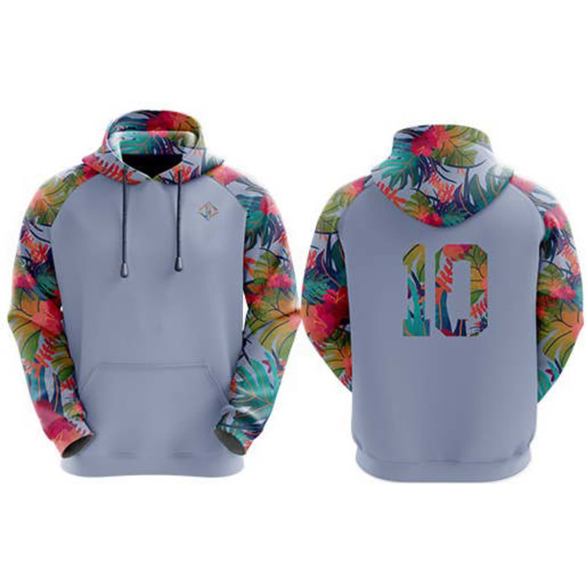 A pullover hoodie in grey with vibrant floral-patterned sleeves and a decorative number on the back.