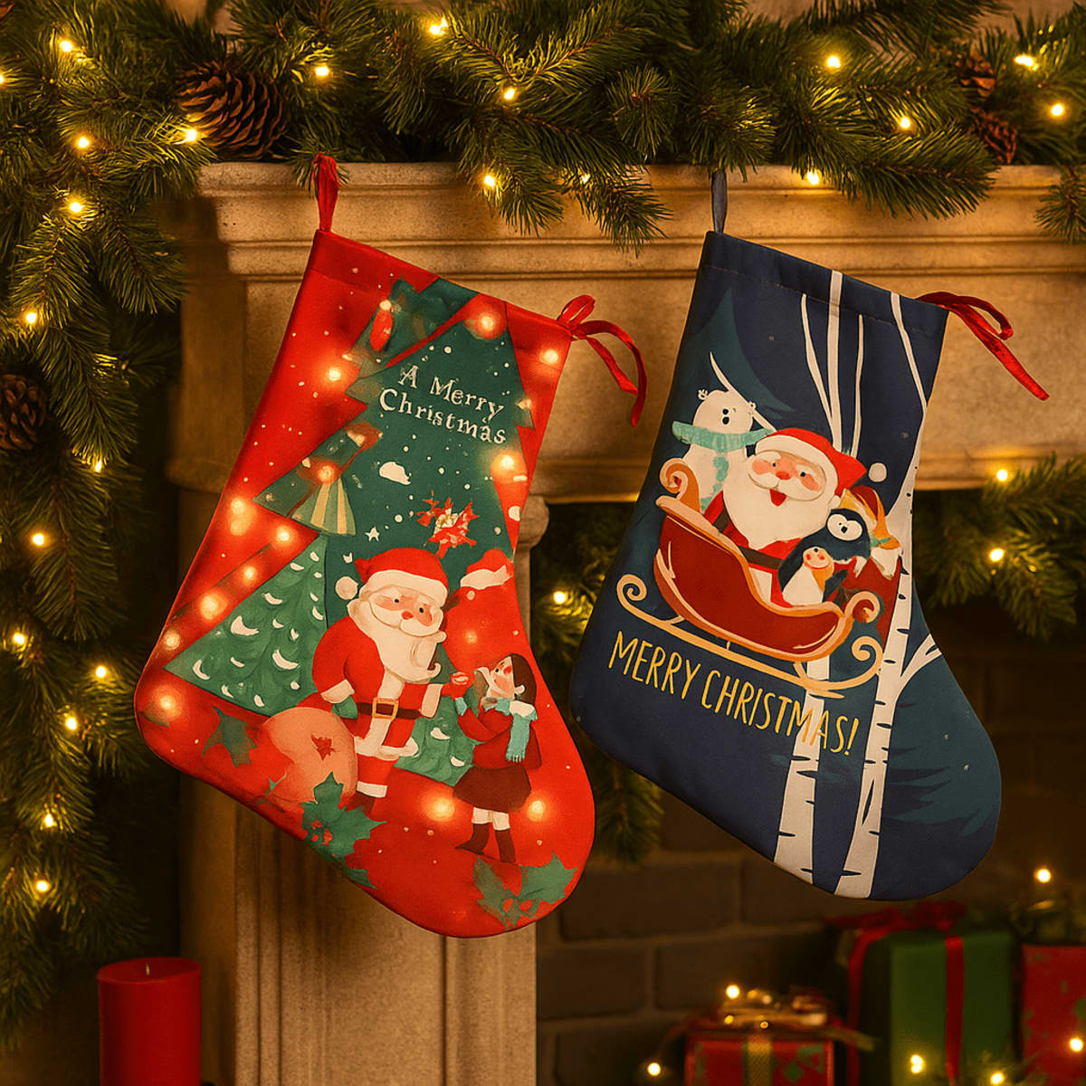 A red Christmas-themed sock tote featuring Santa, festive trees, and lights, with a drawstring closure.