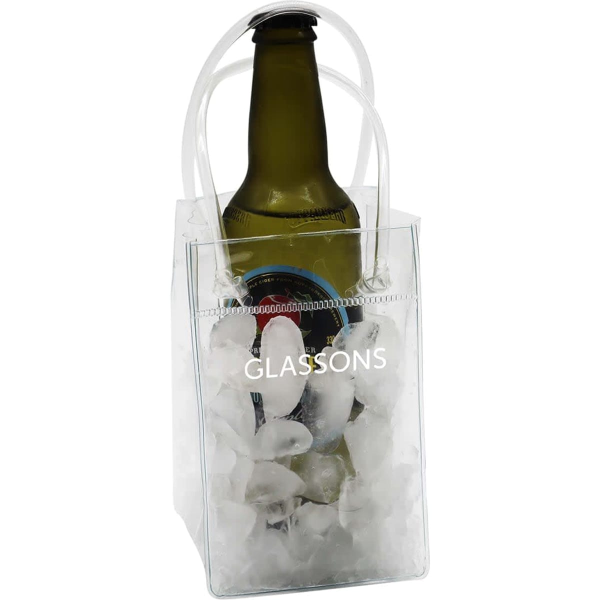 A drink bottle enclosed in a clear, small cooler bag filled with ice, featuring a logo on the front.